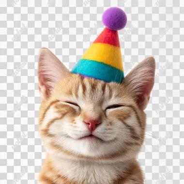 Ultra-realistic, high-resolution photograph of a cute smiling cat wearing a colorful birthday party hat, isolated on a pure white background. The cat has a joyful and playful expression, with slightly squinted eyes and relaxed ears. The party hat features bright festive colors and a small pom-pom on top. Clean, centered composition, no shadows, no text, soft studio lighting, photorealistic fur texture, professional pet photography