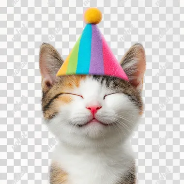 Ultra-realistic, high-resolution photograph of a cute smiling cat wearing a colorful birthday party hat, isolated on a pure white background. The cat has a joyful and playful expression, with slightly squinted eyes and relaxed ears. The party hat features bright festive colors and a small pom-pom on top. Clean, centered composition, no shadows, no text, soft studio lighting, photorealistic fur texture, professional pet photography