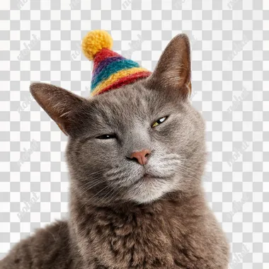 Ultra-realistic, high-resolution photograph of a cute smiling cat wearing a colorful birthday party hat, isolated on a pure white background. The cat has a joyful and playful expression, with slightly squinted eyes and relaxed ears. The party hat features bright festive colors and a small pom-pom on top. Clean, centered composition, no shadows, no text, soft studio lighting, photorealistic fur texture, professional pet photography