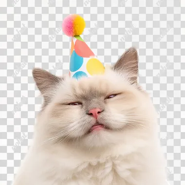 Ultra-realistic, high-resolution photograph of a cute smiling cat wearing a colorful birthday party hat, isolated on a pure white background. The cat has a joyful and playful expression, with slightly squinted eyes and relaxed ears. The party hat features bright festive colors and a small pom-pom on top. Clean, centered composition, no shadows, no text, soft studio lighting, photorealistic fur texture, professional pet photography