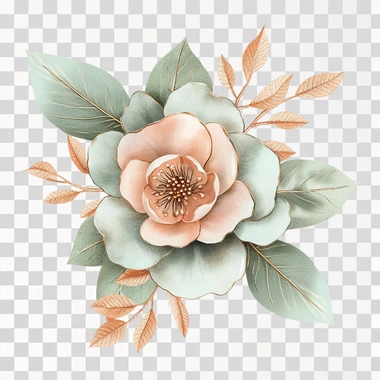 flower corsage in the style of watercolour in rose gold and sage green, isolated on a white background, realistic, 8k hd