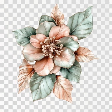 flower corsage in the style of watercolour in rose gold and sage green, isolated on a white background, realistic, 8k hd