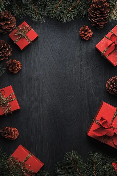 A dark wood floor background with red Christmas decorations, such as pine cones and gifts, around the edges of an empty space for magazine text or graphics.keep them small in size. The design is elegant and sophisticated, perfect for festive social media posts or digital marketing materials. It's a high-quality illustration that could be used in graphic designs, with a focus on creating an overall luxurious feel.