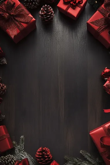 A dark wood floor background with red Christmas decorations, such as pine cones and gifts, around the edges of an empty space for magazine text or graphics.keep them small in size. The design is elegant and sophisticated, perfect for festive social media posts or digital marketing materials. It's a high-quality illustration that could be used in graphic designs, with a focus on creating an overall luxurious feel.