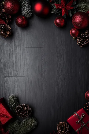 A dark wood floor background with red Christmas decorations, such as pine cones and gifts, around the edges of an empty space for magazine text or graphics.keep them small in size. The design is elegant and sophisticated, perfect for festive social media posts or digital marketing materials. It's a high-quality illustration that could be used in graphic designs, with a focus on creating an overall luxurious feel.