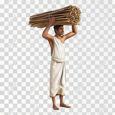 hindu beautiful poor middle age man, wearing simple clothes, holding bundle of wood on his head, standing on floor, side view, 3d, animated image, white backround