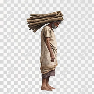 hindu beautiful poor middle age man, wearing simple clothes, holding bundle of wood on his head, standing on floor, side view, 3d, animated image, white backround