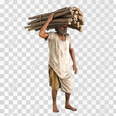 hindu beautiful poor middle age man, wearing simple clothes, holding bundle of wood on his head, standing on floor, side view, 3d, animated image, white backround