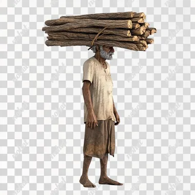hindu beautiful poor middle age man, wearing simple clothes, holding bundle of wood on his head, standing on floor, side view, 3d, animated image, white backround