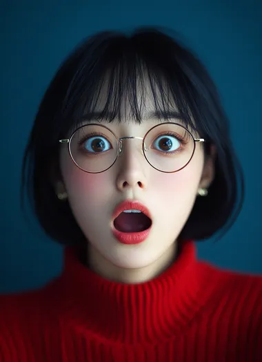 A surprised young Japanese woman with short black hair and glasses, her mouth open in shock. She has an oval-shaped face and is wearing red attire against a dark blue background. Her eyes have double eyelids, she wears brown-rimmed eyeglasses, her bangs are straight, and the style of the photograph mimics that found on YouTube. The portrait should capture her expressions as if captured by an iPhone camera. mid shot, hand hold cup snack, Make sure to include details like earrings or makeup, realistic