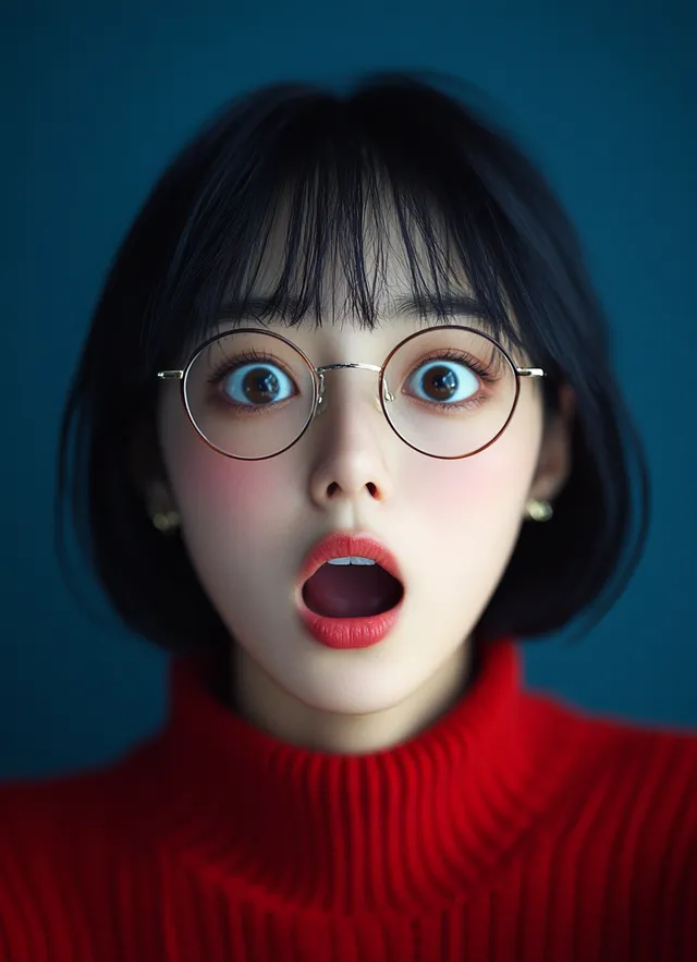 a woman with glasses making a surprised face