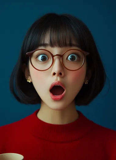 A surprised young Japanese woman with short black hair and glasses, her mouth open in shock. She has an oval-shaped face and is wearing red attire against a dark blue background. Her eyes have double eyelids, she wears brown-rimmed eyeglasses, her bangs are straight, and the style of the photograph mimics that found on YouTube. The portrait should capture her expressions as if captured by an iPhone camera. mid shot, hand hold cup snack, Make sure to include details like earrings or makeup, realistic