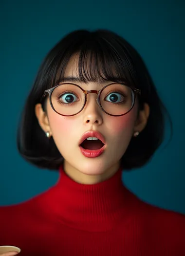 A surprised young Japanese woman with short black hair and glasses, her mouth open in shock. She has an oval-shaped face and is wearing red attire against a dark blue background. Her eyes have double eyelids, she wears brown-rimmed eyeglasses, her bangs are straight, and the style of the photograph mimics that found on YouTube. The portrait should capture her expressions as if captured by an iPhone camera. mid shot, hand hold cup snack, Make sure to include details like earrings or makeup, realistic