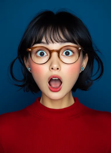 A surprised young Japanese woman with short black hair and glasses, her mouth open in shock. She has an oval-shaped face and is wearing red attire against a dark blue background. Her eyes have double eyelids, she wears brown-rimmed eyeglasses, her bangs are straight, and the style of the photograph mimics that found on YouTube. The portrait should capture her expressions as if captured by an iPhone camera. mid shot, hand hold cup snack, Make sure to include details like earrings or makeup, realistic