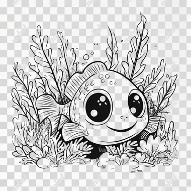 cute fish forest, big cute eyes, pixar style, simple outline and shapes, coloring page black and white comic book flat vector, white background