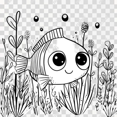 cute fish forest, big cute eyes, pixar style, simple outline and shapes, coloring page black and white comic book flat vector, white background