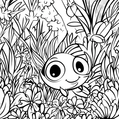 cute fish forest, big cute eyes, pixar style, simple outline and shapes, coloring page black and white comic book flat vector, white background