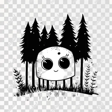 cute fish forest, big cute eyes, pixar style, simple outline and shapes, coloring page black and white comic book flat vector, white background