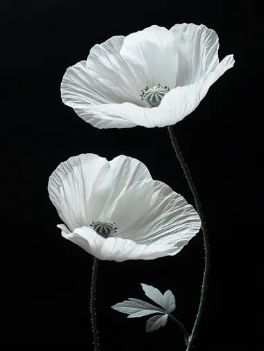 Two pure white poppies, with leaves, on a black background,  --s 250