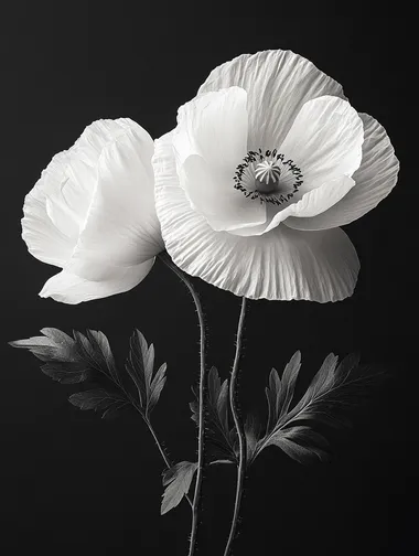 Two pure white poppies, with leaves, on a black background,  --s 250