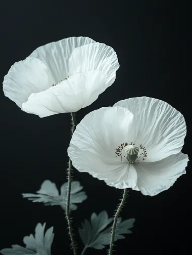 Two pure white poppies, with leaves, on a black background,  --s 250
