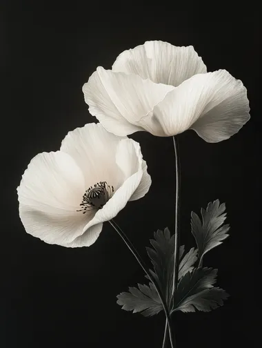 Two pure white poppies, with leaves, on a black background,  --s 250