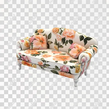 3d icon of floral sofa, cute illustration, white background,png