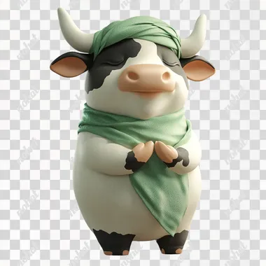 A chubby dairy cow mascot with a white body and black patches, featuring small white horns. The mascot is standing in a respectful namaste pose, wearing a green sarong and a matching green turban. The design is in a high-quality 3D illustration style, with soft lighting and realistic textures. The background is softly blurred to emphasize the character, creating a friendly and warm atmosphere