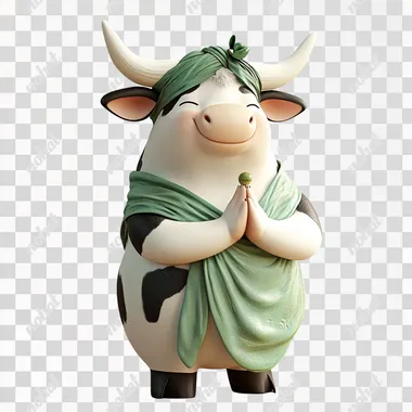 A chubby dairy cow mascot with a white body and black patches, featuring small white horns. The mascot is standing in a respectful namaste pose, wearing a green sarong and a matching green turban. The design is in a high-quality 3D illustration style, with soft lighting and realistic textures. The background is softly blurred to emphasize the character, creating a friendly and warm atmosphere