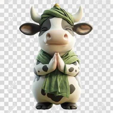 A chubby dairy cow mascot with a white body and black patches, featuring small white horns. The mascot is standing in a respectful namaste pose, wearing a green sarong and a matching green turban. The design is in a high-quality 3D illustration style, with soft lighting and realistic textures. The background is softly blurred to emphasize the character, creating a friendly and warm atmosphere
