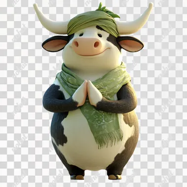 A chubby dairy cow mascot with a white body and black patches, featuring small white horns. The mascot is standing in a respectful namaste pose, wearing a green sarong and a matching green turban. The design is in a high-quality 3D illustration style, with soft lighting and realistic textures. The background is softly blurred to emphasize the character, creating a friendly and warm atmosphere