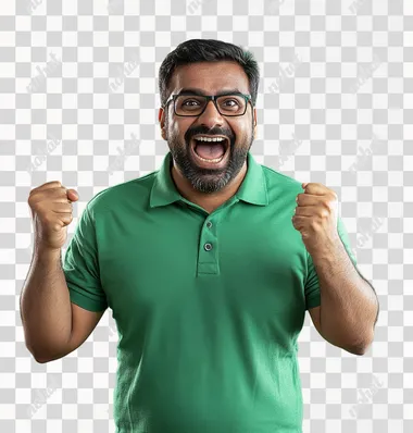 Full-body shot of a happy Indian man in a green polo shirt with a raised fist and a excited and shouting facial expression, in an excited pose, isolated on a solid background. Stock photo-style photography with high details and sharp focus, shot using a Sony Alpha A7 III camera for a photorealistic look.