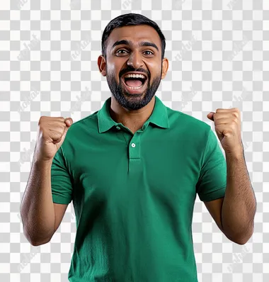 Full-body shot of a happy Indian man in a green polo shirt with a raised fist and a excited and shouting facial expression, in an excited pose, isolated on a solid background. Stock photo-style photography with high details and sharp focus, shot using a Sony Alpha A7 III camera for a photorealistic look.
