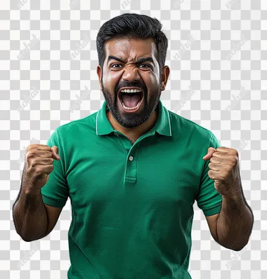 Full-body shot of a happy Indian man in a green polo shirt with a raised fist and a excited and shouting facial expression, in an excited pose, isolated on a solid background. Stock photo-style photography with high details and sharp focus, shot using a Sony Alpha A7 III camera for a photorealistic look.