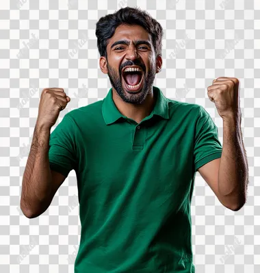 Full-body shot of a happy Indian man in a green polo shirt with a raised fist and a excited and shouting facial expression, in an excited pose, isolated on a solid background. Stock photo-style photography with high details and sharp focus, shot using a Sony Alpha A7 III camera for a photorealistic look.