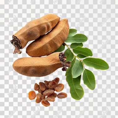 Tamarind isolated with dried fruit and fresh leaves on a white background, with tamarind grains next to it. High resolution photography, professional color grading, soft shadows, low contrast, clean sharp focus and vector