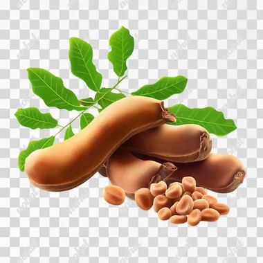 Tamarind isolated with dried fruit and fresh leaves on a white background, with tamarind grains next to it. High resolution photography, professional color grading, soft shadows, low contrast, clean sharp focus and vector