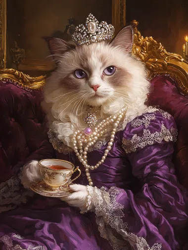 An exquisite oil-painted portrait of a regal Persian or Ragdoll cat, elegantly dressed as a Victorian-era duchess. The feline wears a luxurious deep purple silk gown with intricate lace detailing, evoking aristocratic refinement. A dazzling pearl and diamond tiara rests atop its soft fur, complemented by multiple strands of pearls draped gracefully around its neck. The cats poised expression radiates nobility as it delicately holds a fine porcelain tea cup, its paws resting elegantly on a velvet chaise lounge. The background features an opulent, dimly lit Victorian parlor, complete with an ornate gold-framed mirror reflecting the warm candlelit ambiance. The rich jewel tones and soft, romantic lighting enhance the cats majestic aura, creating a timeless, classical oil painting effect. The overall composition is sophisticated and regal, capturing the essence of aristocratic grace and elegance.