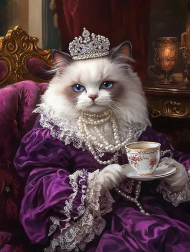 An exquisite oil-painted portrait of a regal Persian or Ragdoll cat, elegantly dressed as a Victorian-era duchess. The feline wears a luxurious deep purple silk gown with intricate lace detailing, evoking aristocratic refinement. A dazzling pearl and diamond tiara rests atop its soft fur, complemented by multiple strands of pearls draped gracefully around its neck. The cats poised expression radiates nobility as it delicately holds a fine porcelain tea cup, its paws resting elegantly on a velvet chaise lounge. The background features an opulent, dimly lit Victorian parlor, complete with an ornate gold-framed mirror reflecting the warm candlelit ambiance. The rich jewel tones and soft, romantic lighting enhance the cats majestic aura, creating a timeless, classical oil painting effect. The overall composition is sophisticated and regal, capturing the essence of aristocratic grace and elegance.