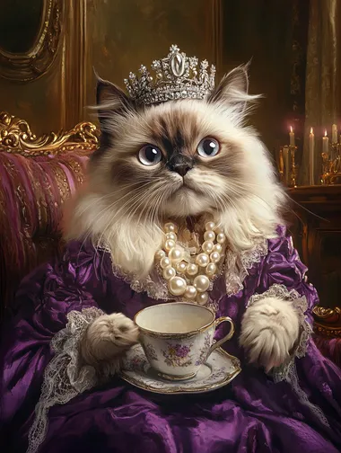 An exquisite oil-painted portrait of a regal Persian or Ragdoll cat, elegantly dressed as a Victorian-era duchess. The feline wears a luxurious deep purple silk gown with intricate lace detailing, evoking aristocratic refinement. A dazzling pearl and diamond tiara rests atop its soft fur, complemented by multiple strands of pearls draped gracefully around its neck. The cats poised expression radiates nobility as it delicately holds a fine porcelain tea cup, its paws resting elegantly on a velvet chaise lounge. The background features an opulent, dimly lit Victorian parlor, complete with an ornate gold-framed mirror reflecting the warm candlelit ambiance. The rich jewel tones and soft, romantic lighting enhance the cats majestic aura, creating a timeless, classical oil painting effect. The overall composition is sophisticated and regal, capturing the essence of aristocratic grace and elegance.
