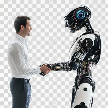 photo of a high-tech robot shaking hands with a man on a white background
