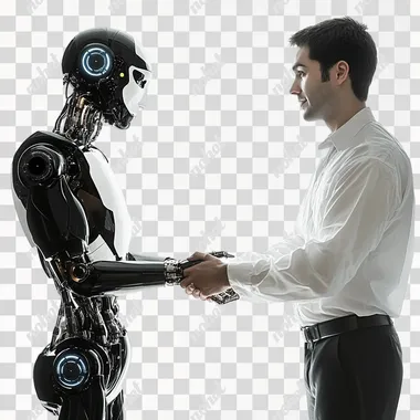 photo of a high-tech robot shaking hands with a man on a white background