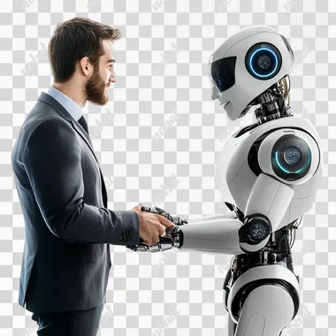 photo of a high-tech robot shaking hands with a man on a white background