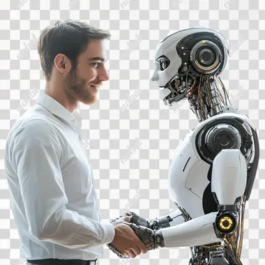 photo of a high-tech robot shaking hands with a man on a white background