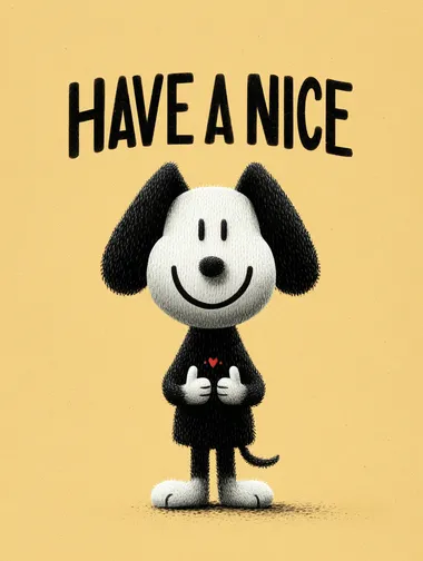 Minimalist 2D retro vector poster. The phrase "HAVE A NICE DAY" in large, bold, playful script dominates the upper part of the composition. Below, a cute cartoon puppy (or kitten) smiles warmly while making a heart shape with its paws. The background is a soft pastel yellow with subtle retro accents. Clean flat vector style, no shading, rounded lines, poster format.   --raw      --sv 5