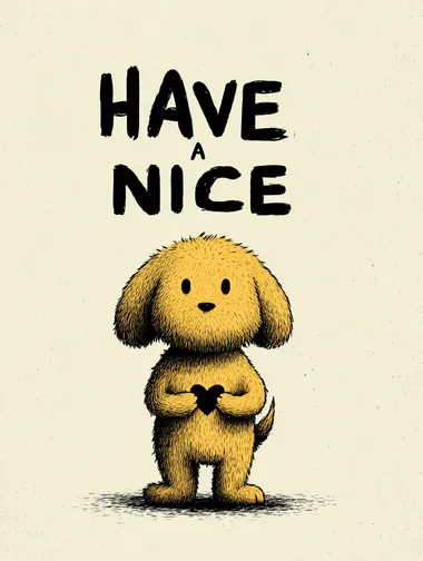 Minimalist 2D retro vector poster. The phrase "HAVE A NICE DAY" in large, bold, playful script dominates the upper part of the composition. Below, a cute cartoon puppy (or kitten) smiles warmly while making a heart shape with its paws. The background is a soft pastel yellow with subtle retro accents. Clean flat vector style, no shading, rounded lines, poster format.   --raw      --sv 5
