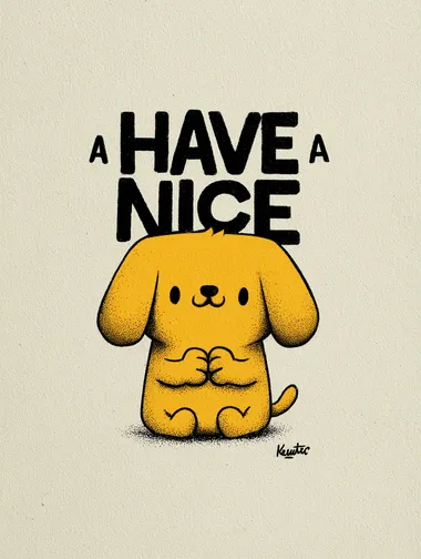 Minimalist 2D retro vector poster. The phrase "HAVE A NICE DAY" in large, bold, playful script dominates the upper part of the composition. Below, a cute cartoon puppy (or kitten) smiles warmly while making a heart shape with its paws. The background is a soft pastel yellow with subtle retro accents. Clean flat vector style, no shading, rounded lines, poster format.   --raw      --sv 5