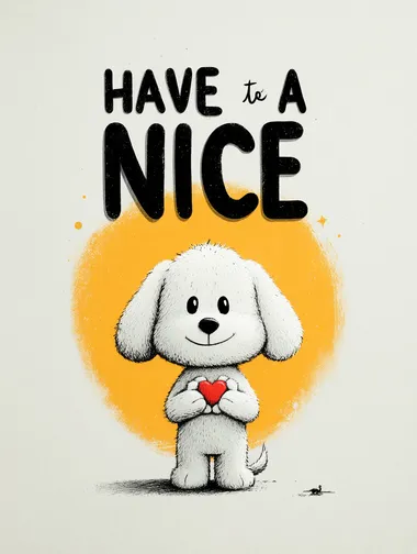 Minimalist 2D retro vector poster. The phrase "HAVE A NICE DAY" in large, bold, playful script dominates the upper part of the composition. Below, a cute cartoon puppy (or kitten) smiles warmly while making a heart shape with its paws. The background is a soft pastel yellow with subtle retro accents. Clean flat vector style, no shading, rounded lines, poster format.   --raw      --sv 5
