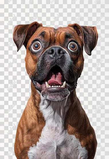 A funny and humorous image of a comical brown boxer dog with a white chest with a surprised expression, wide eyes and wide open mouth, as if he had been caught off guard, his ears are pricked up in surprise. The background is a single grey color with no distractions or lighting details