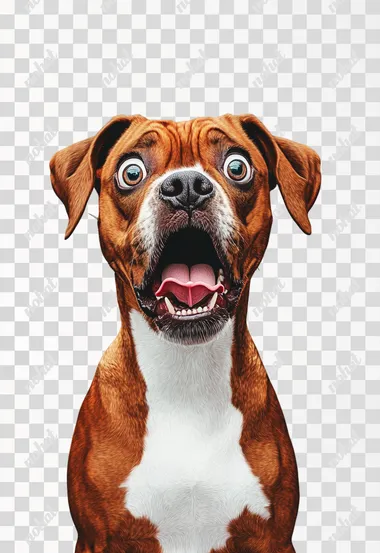 A funny and humorous image of a comical brown boxer dog with a white chest with a surprised expression, wide eyes and wide open mouth, as if he had been caught off guard, his ears are pricked up in surprise. The background is a single grey color with no distractions or lighting details